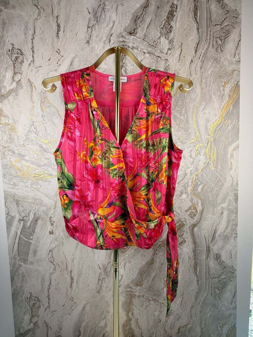 Cupcakes and Cashmere Pink Tropical Floral Surplice Wrap Sleeveless Top Side Tie
